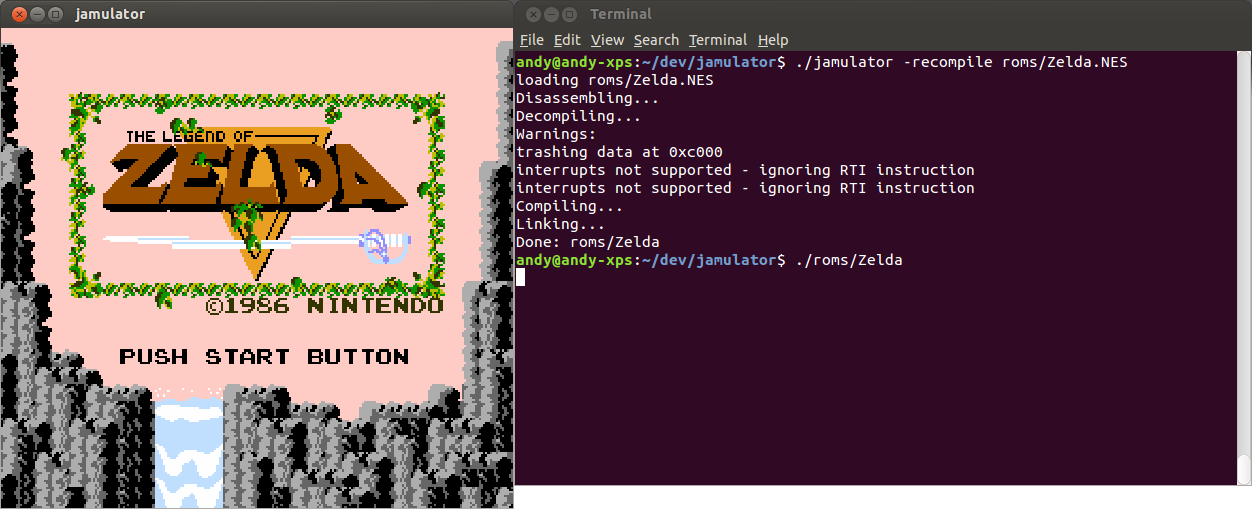 screenshot of Zelda title screen with bent sword and an ubuntu terminal showing some log output